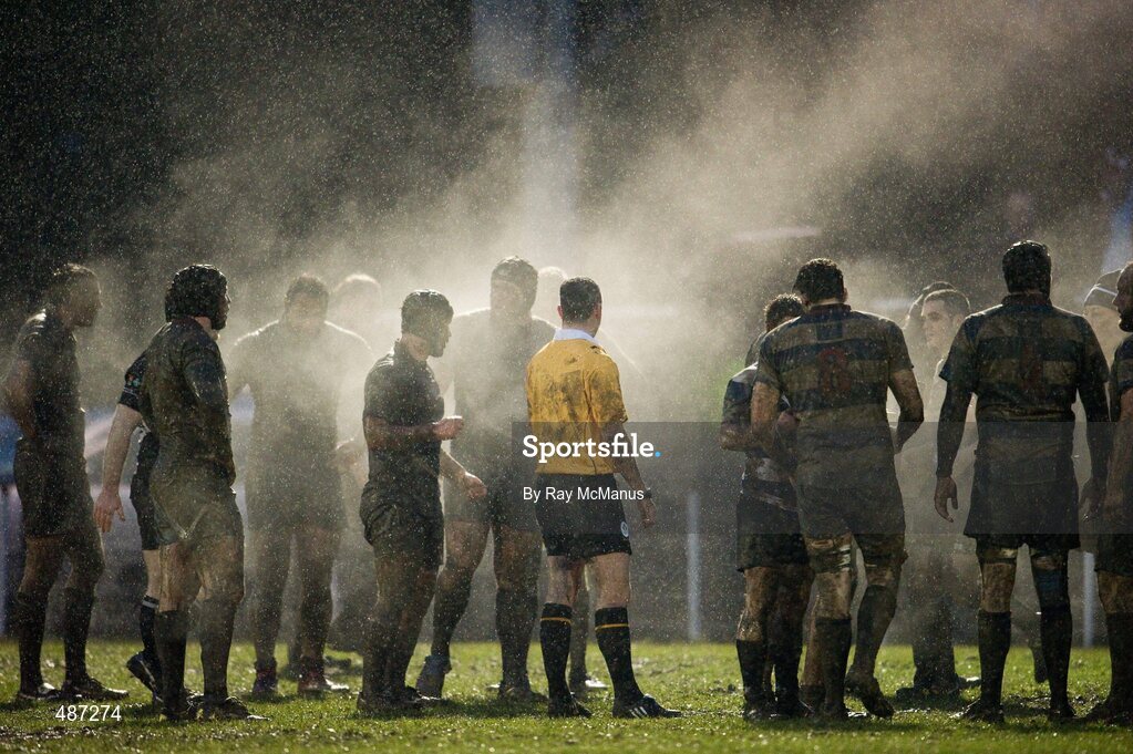5 February 2011; Referee John Lacey stands out as players await the formation of a scrum. Ulster Bank All-Ireland League Division 1A, Old Belvedere v Blackrock College RFC, Anglesea Road, Ballsbridge, Dublin. Picture credit: Ray McManus / SPORTSFILE
