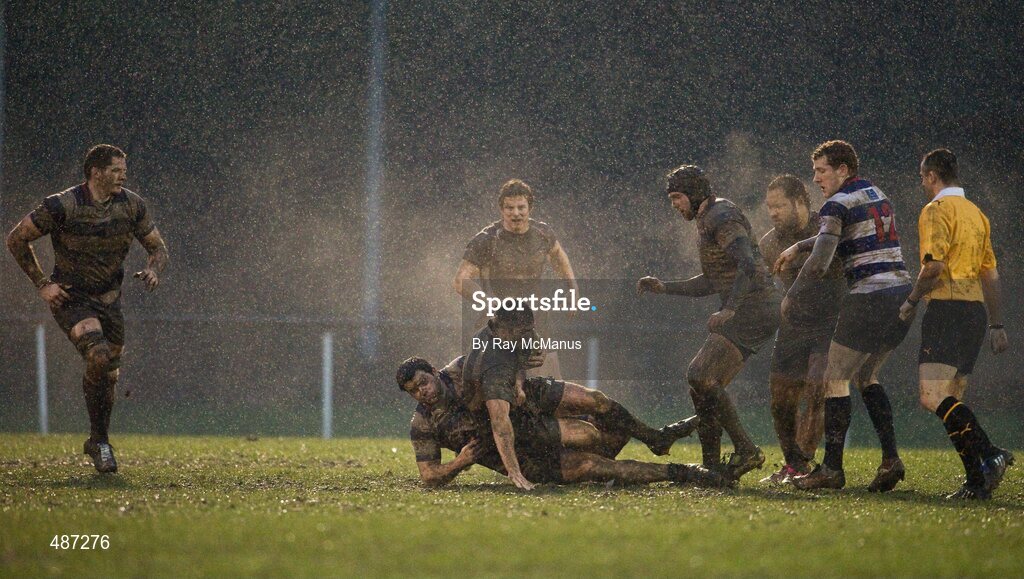 5 February 2011; Jason Ridson, Old Belvedere, is tackled by Arthur Lyons, Blackrock College. Ulster Bank All-Ireland League Division 1A, Old Belvedere v Blackrock College RFC, Anglesea Road, Ballsbridge, Dublin. Picture credit: Ray McManus / SPORTSFILE
