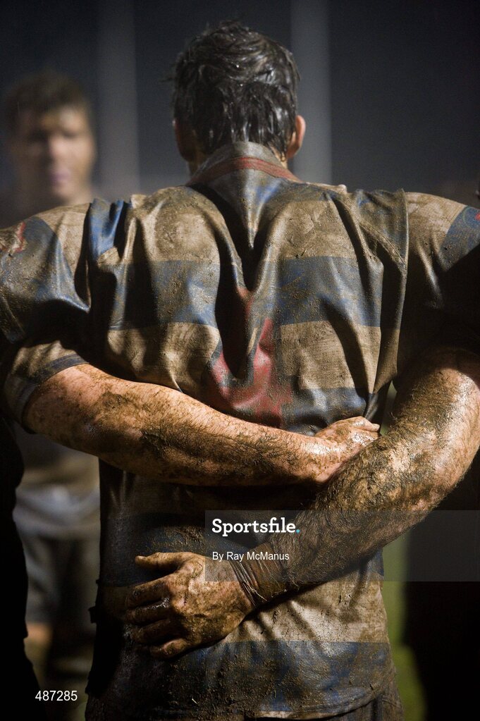 5 February 2011; Blackrock College's Alex Dunlop, and team-mates, listen to head coach Andy Wood after the game. Ulster Bank All-Ireland League Division 1A, Old Belvedere v Blackrock College RFC, Anglesea Road, Ballsbridge, Dublin. Picture credit: Ray McManus / SPORTSFILE
