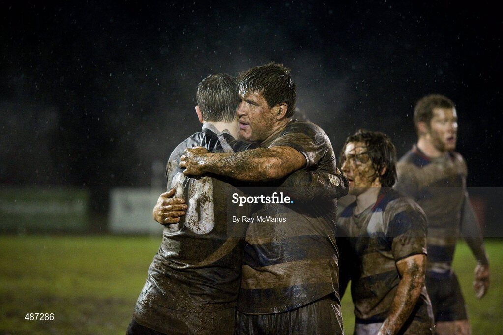 5 February 2011; Conal Keane, Old Belvedere, is congratulated by the Blackrock College captain Mick Carroll. Ulster Bank All-Ireland League Division 1A, Old Belvedere v Blackrock College RFC, Anglesea Road, Ballsbridge, Dublin. Picture credit: Ray McManus / SPORTSFILE