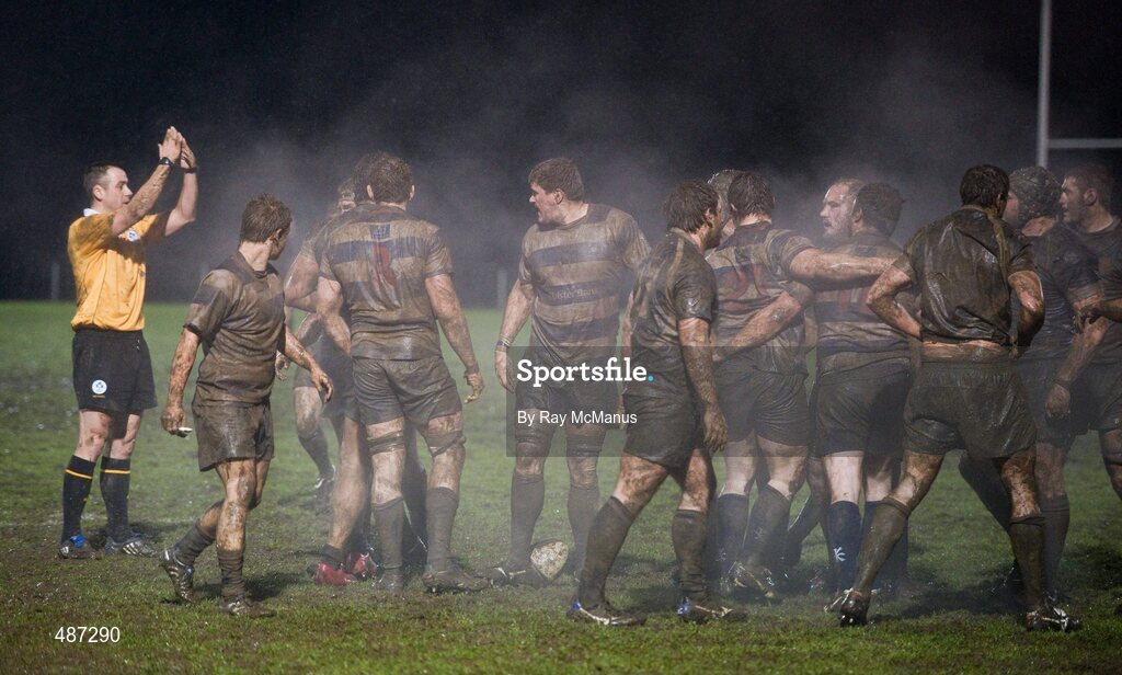 5 February 2011; The Old Belvedere and Blackrock College players look at referee John Lacey. Ulster Bank All-Ireland League Division 1A, Old Belvedere v Blackrock College RFC, Anglesea Road, Ballsbridge, Dublin. Picture credit: Ray McManus / SPORTSFILE