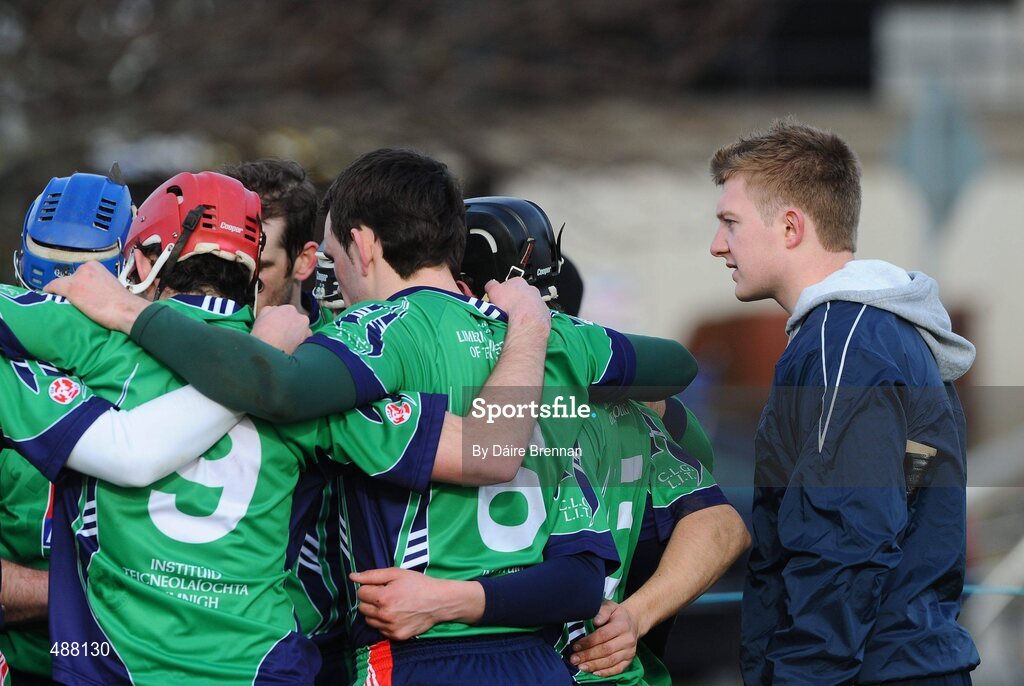 8 February 2011; An injured Joe Canning, Limerick IT, listens in during the half-time huddle. Ulster Bank Fitzgibbon Cup Group 2, UCD v Limerick IT, UCD, Belfield, Dublin. Picture credit: Dáire Brennan / SPORTSFILE
