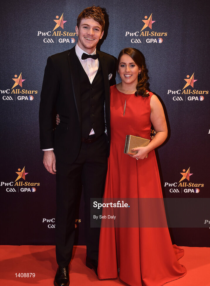 3 November 2017; Kildare footballer Kevin Feely with Catriona Bolger upon arrival at the PwC All Stars 2017 at the Convention Centre in Dublin. Photo by Seb Daly/Sportsfile