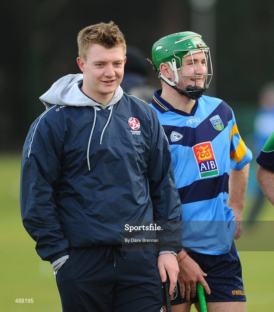 8 February 2011; Joe Canning, Limerick IT, shares a joke with Noel McGrath, UCD, after the game. Ulster Bank Fitzgibbon Cup Group 2, UCD v Limerick IT, UCD, Belfield, Dublin. Picture credit: Dáire Brennan / SPORTSFILE