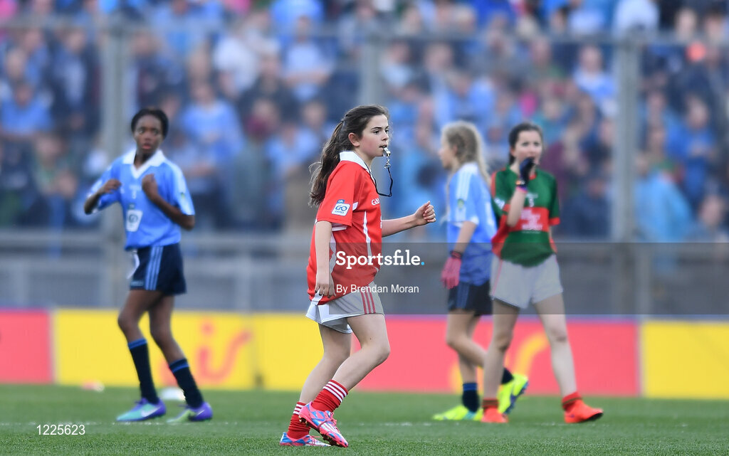 1 October 2016; Referee Ciara Conneely, from the Downs NS, Mullingar, Westmeath, during the INTO Cumann na mBunscol GAA Respect Exhibition Go Games at the GAA Football All-Ireland Senior Championship Final Replay match between Dublin and Mayo at Croke Park in Dublin. Photo by Brendan Moran/Sportsfile