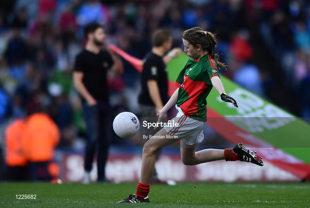 1 October 2016; Grace Shannon, Melview National School, Longford, representing Mayo, during the INTO Cumann na mBunscol GAA Respect Exhibition Go Games at the GAA Football All-Ireland Senior Championship Final Replay match between Dublin and Mayo at Croke Park in Dublin. Photo by Brendan Moran/Sportsfile