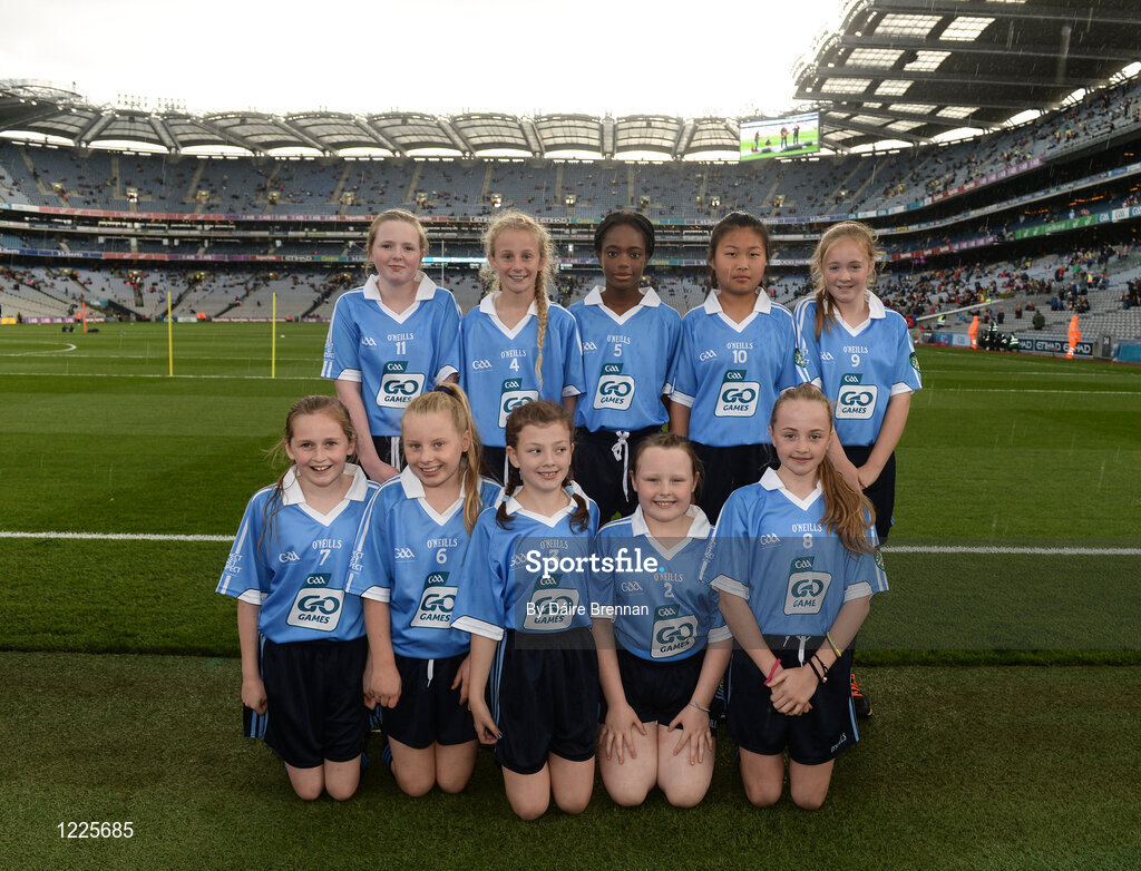 1 October 2016; The Dublin team, back row, Ciara Doyle, Stars of Erin GAA, Glencullen, Dublin, Suzy Lehane, Kilmacud Crokes GAA, Stillorgan, Dublin, Golden Akpaloo, St John The Evangelist NS, Adamstown, Dublin, Kiki Ren, Maynooth GAA, Maynooth, Kildare, Ellie Collender, St Brigid's GNS, Palmerstown, Dublin, front row, left to right, Aisling Roebuck, Round Towers GAA, Clondalkin, Dublin, Síofra Kelly, Scoil Naomh Pádraig, Ballyroan, Dublin, Ella O'Connell, Cuala GAA, Dalkey, Dublin, Líle O'Connor, Fingallians GAA, Swords, Dublin, Áine Rafter, Loreto Primary School, Rathfarnham, Dublin, ahead of the GAA Football All-Ireland Senior Championship Final Replay match between Dublin and Mayo at Croke Park in Dublin. Photo by Daire Brennan/Sportsfile