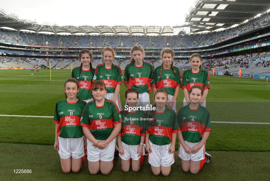 1 October 2016; The Mayo team, back row, Emma Murray, Fahy NS, Newport, Mayo, Grace Naughton, Currabaggan NS, Knockmore, Mayo, Grace Shannon, Melview National School, Longford, Nikita Tighe, St Joseph's NS, Bekan, Mayo, Deirbhile Horkan, Meelickmore NS, Claremorris, Mayo, front row, left to right, Kevina Walsh, St Attracta's NS, Charlestown, Mayo, Amy Forkan, St Joseph's NS, Midfield, Mayo, Muireann Cogan, St Angela's NS, Castlebar, Mayo, Molly McManamon, Drumgallagh NS, Ballycroy, Mayo, Chloe McDonnell, Binghamstown NS, Belmullet, Mayo, ahead of the GAA Football All-Ireland Senior Championship Final Replay match between Dublin and Mayo at Croke Park in Dublin. Photo by Daire Brennan/Sportsfile