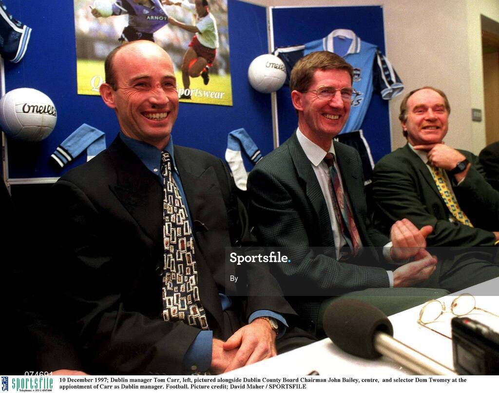 10 December 1997; Dublin manager Tom Carr, left, pictured alongside Dublin County Board Chairman John Bailey, centre,  and selector Dom Twomey at the appiontment of Carr as Dublin manager. Football. Picture credit; David Maher / SPORTSFILE
