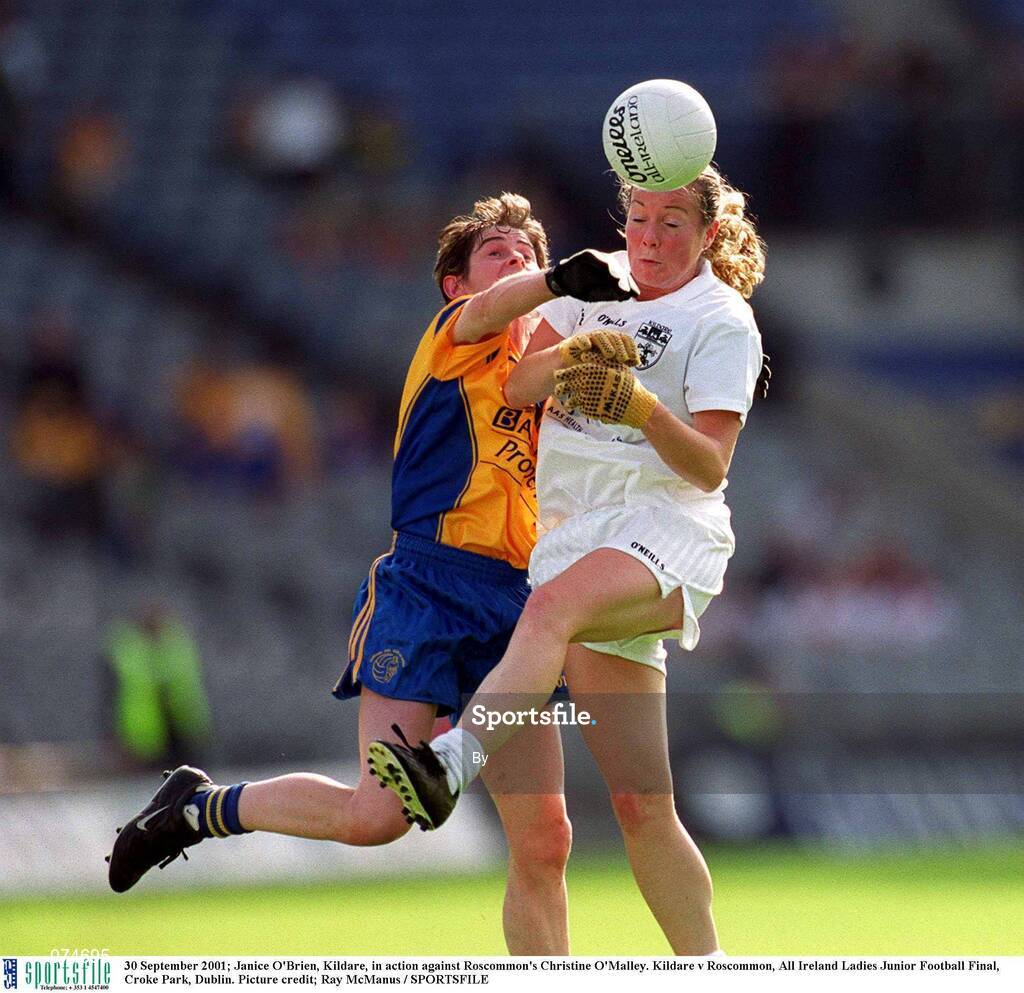 30 September 2001; Janice O'Brien, Kildare, in action against Roscommon's Christine O'Malley. Kildare v Roscommon, All Ireland Ladies Junior Football Final, Croke Park, Dublin. Picture credit; Ray McManus / SPORTSFILE