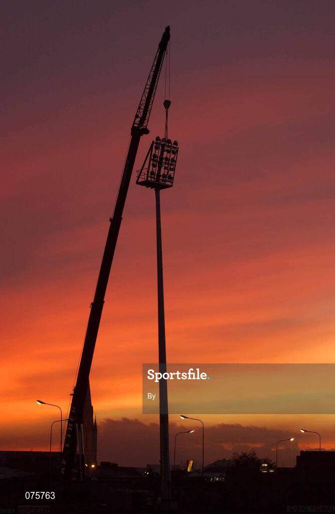 27 October 2001; Floodlights are erected at the Austin Stack Park in Tralee, Co. Kerry. It is one of the first major GAA ground's in the country to install floodlights and this year's Railway Cup games will be played under the new lights in mid November. Football. Picture credit; Brendan Moran / SPORTSFILE *EDI*