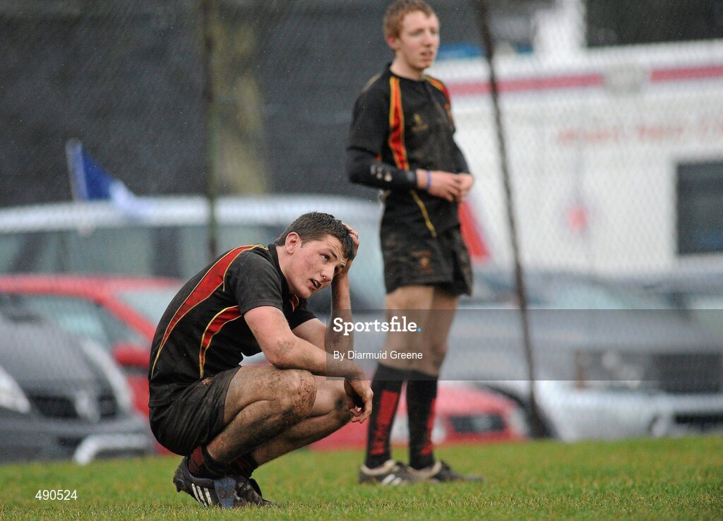 16 February 2011; Peter McGann, left, and Conor McLoughlin, Ardscoil Ris, show their disappointment at the final whistle. Avonmore Milk Munster Schools Senior Cup, Ardscoil Ris v Rockwell College, Clanwilliam RFC, Tipperary Town, Tipperary. Picture credit: Diarmuid Greene / SPORTSFILE