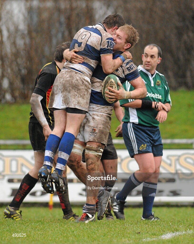 16 February 2011; Brian Haugh, Rockwell College, left, is congratulated by team-mate Luke Cahill after scoring the only try of the game. Avonmore Milk Munster Schools Senior Cup, Ardscoil Ris v Rockwell College, Clanwilliam RFC, Tipperary Town, Tipperary. Picture credit: Diarmuid Greene / SPORTSFILE