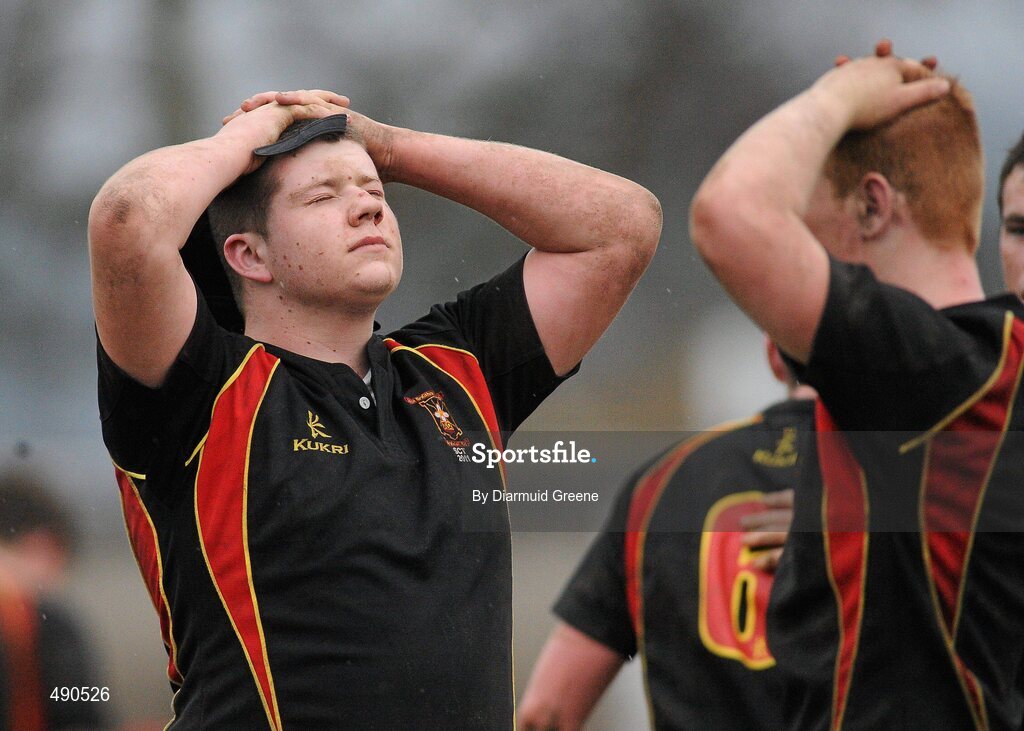 16 February 2011; Brian Masterson, left, and David Canny, Ardscoil Ris, show their disappointment at the final whistle. Avonmore Milk Munster Schools Senior Cup, Ardscoil Ris v Rockwell College, Clanwilliam RFC, Tipperary Town, Tipperary. Picture credit: Diarmuid Greene / SPORTSFILE