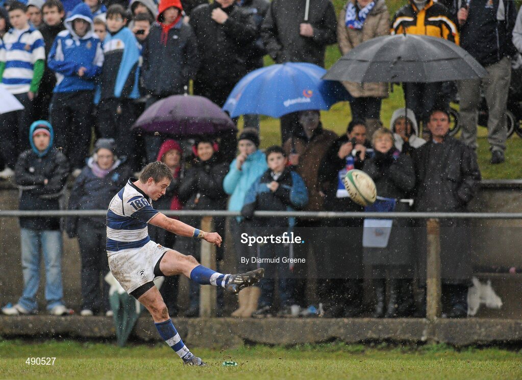 16 February 2011; Brian Haugh, Rockwell College, kicks a penalty. Avonmore Milk Munster Schools Senior Cup, Ardscoil Ris v Rockwell College, Clanwilliam RFC, Tipperary Town, Tipperary. Picture credit: Diarmuid Greene / SPORTSFILE