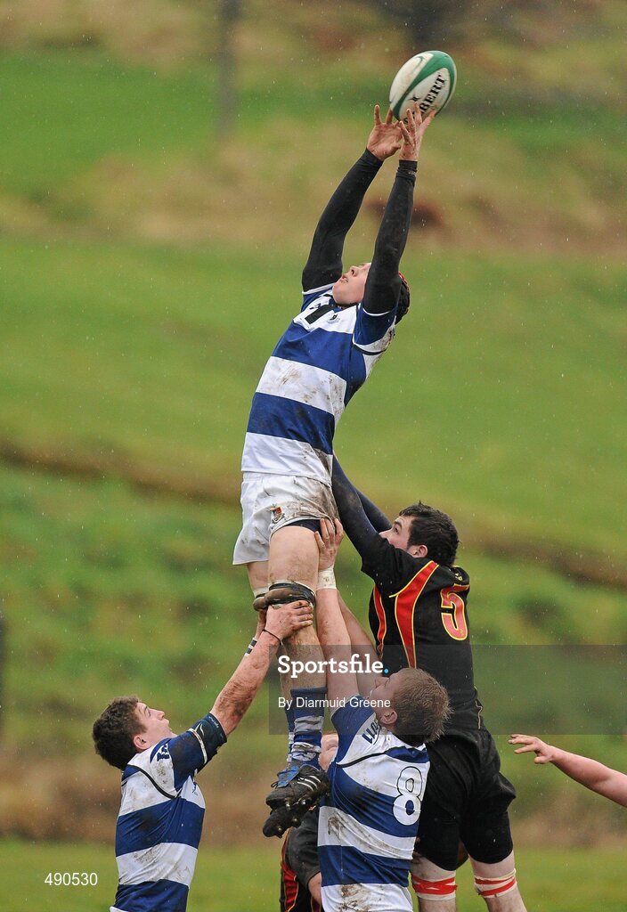 16 February 2011; Aidan O'Sullivan, Rockwell College, wins possession in the line-out ahead of Eoin McCabe, Ardscoil Ris. Avonmore Milk Munster Schools Senior Cup, Ardscoil Ris v Rockwell College, Clanwilliam RFC, Tipperary Town, Tipperary. Picture credit: Diarmuid Greene / SPORTSFILE