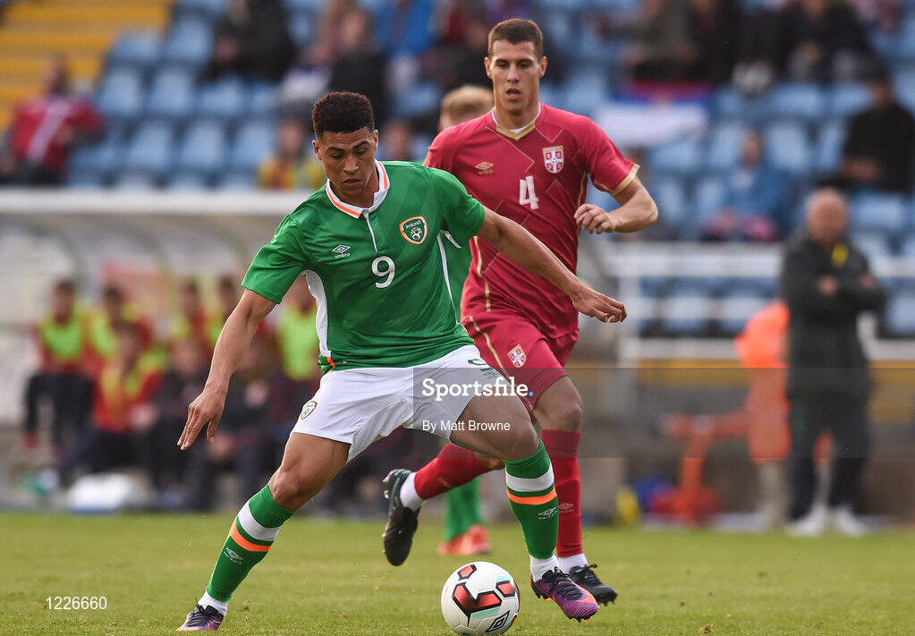 7 October 2016; Courtney Duffus of Republic of Ireland in action against Darko Lazic of Serbia during the UEFA U21 Championship Qualifier match between Republic of Ireland and Serbia at the RSC, Waterford. Photo by Matt Browne/Sportsfile