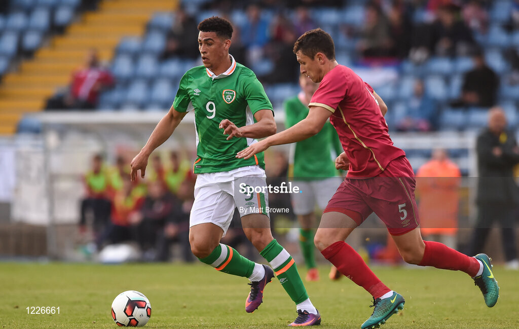 7 October 2016; Courtney Duffus of Republic of Ireland in action against Miloš Veljkovic of Serbia during the UEFA U21 Championship Qualifier match between Republic of Ireland and Serbia at the RSC, Waterford. Photo by Matt Browne/Sportsfile
