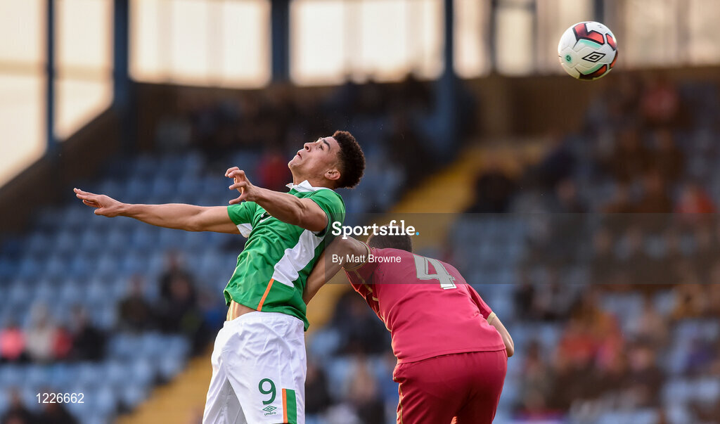 7 October 2016; Courtney Duffus of Republic of Ireland in action against Darko Lazic of Serbia during the UEFA U21 Championship Qualifier match between Republic of Ireland and Serbia at the RSC, Waterford. Photo by Matt Browne/Sportsfile
