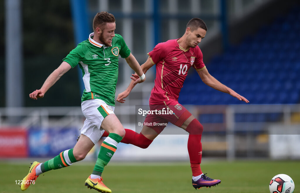 7 October 2016; Mijat Gacinovic of Serbia in action against Kevin O’Connor of Republic of Ireland during the UEFA U21 Championship Qualifier match between Republic of Ireland and Serbia at the RSC, Waterford. Photo by Matt Browne/Sportsfile