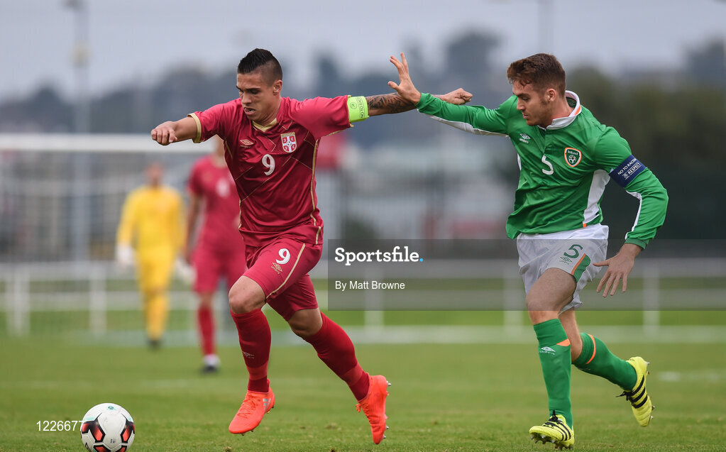 7 October 2016; Uroš Ðurdevic of Serbia in action against Thomas Hoban of Republic of Ireland during the UEFA U21 Championship Qualifier match between Republic of Ireland and Serbia at the RSC, Waterford. Photo by Matt Browne/Sportsfile