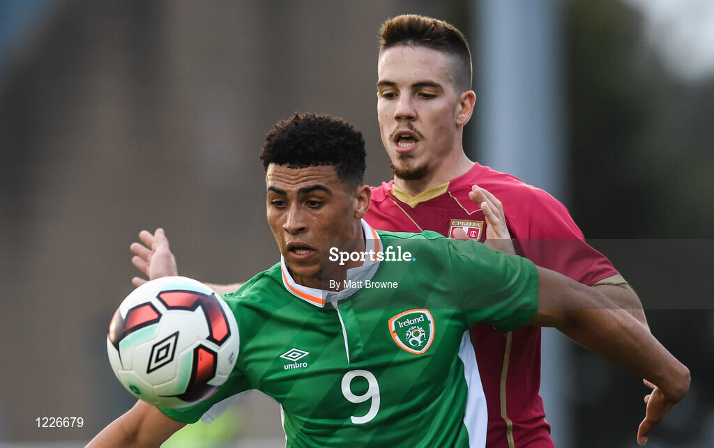 7 October 2016; Courtney Duffus of Republic of Ireland in action against Mihailo Ristic of Serbia during the UEFA U21 Championship Qualifier match between Republic of Ireland and Serbia at the RSC, Waterford. Photo by Matt Browne/Sportsfile