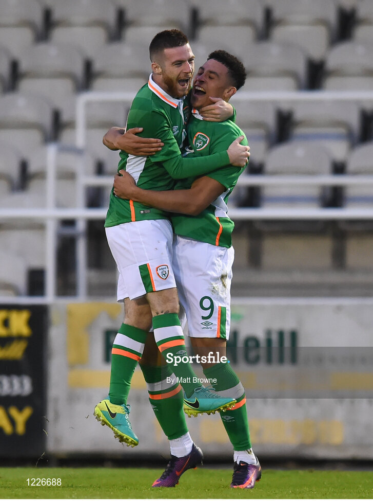 7 October 2016; Courtney Duffus, right, of Republic of Ireland celebrates with team-mate Jack Byrne after scoring his side's first goal during the UEFA U21 Championship Qualifier match between Republic of Ireland and Serbia at the RSC, Waterford. Photo by Matt Browne/Sportsfile