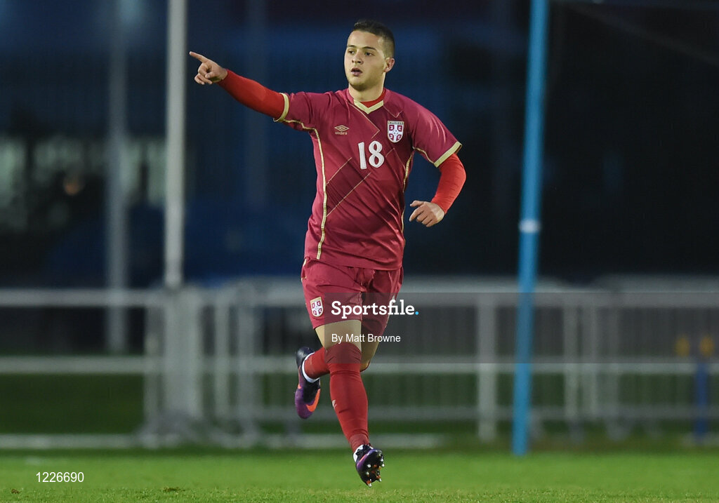 7 October 2016; Nemanja Mihajlovic of Serbia celebrates after scoring his side's goal during the UEFA U21 Championship Qualifier match between Republic of Ireland and Serbia at the RSC, Waterford. Photo by Matt Browne/Sportsfile