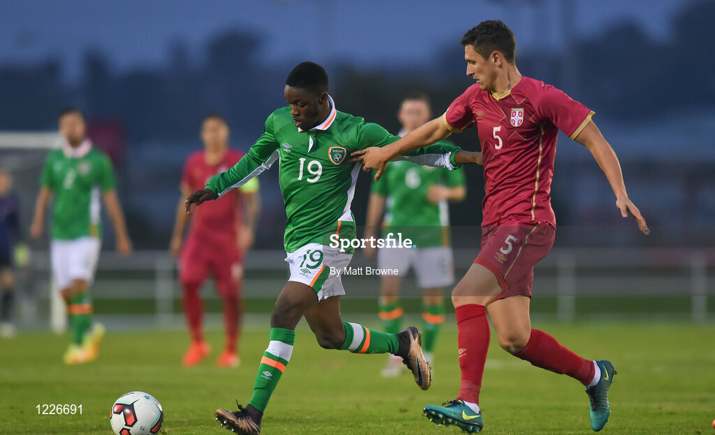7 October 2016; Olamide Shodipo of Republic of Ireland in action against Miloš Veljkovic of Serbia during the UEFA U21 Championship Qualifier match between Republic of Ireland and Serbia at the RSC, Waterford. Photo by Matt Browne/Sportsfile