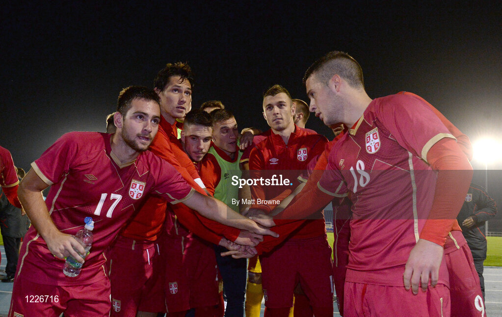 7 October 2016; Serbia players celebrate after the UEFA U21 Championship Qualifier match between Republic of Ireland and Serbia at the RSC, Waterford. Photo by Matt Browne/Sportsfile