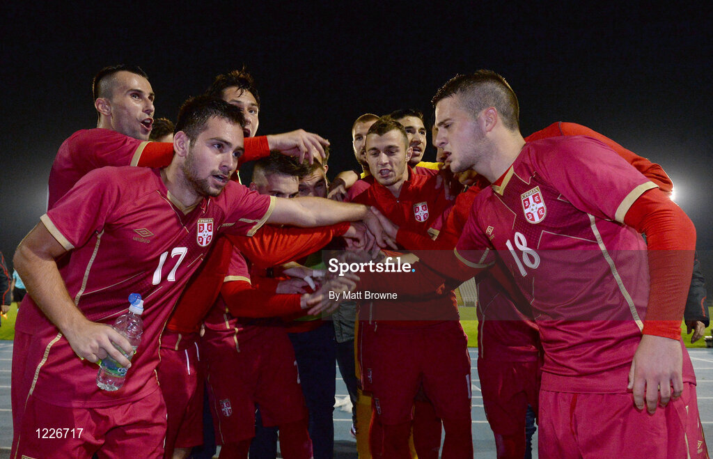 7 October 2016; Serbia players celebrate after the UEFA U21 Championship Qualifier match between Republic of Ireland and Serbia at the RSC, Waterford. Photo by Matt Browne/Sportsfile
