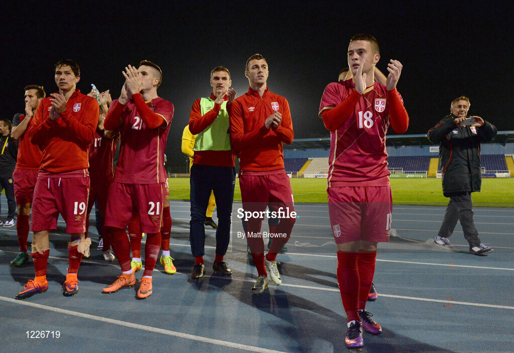 7 October 2016; Serbia players celebrate after the UEFA U21 Championship Qualifier match between Republic of Ireland and Serbia at the RSC, Waterford. Photo by Matt Browne/Sportsfile