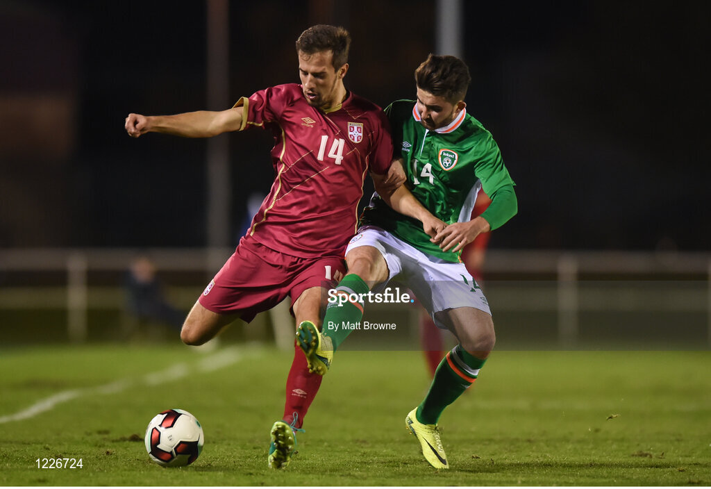 7 October 2016; Vukašin Jovanovic of Serbia in action against Sean Maguire of Republic of Ireland during the UEFA U21 Championship Qualifier match between Republic of Ireland and Serbia at the RSC, Waterford. Photo by Matt Browne/Sportsfile