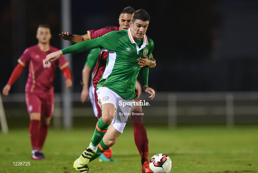 7 October 2016; Darragh Lenihan of Republic of Ireland in action against Uroš Ðurdevic of Serbia during the UEFA U21 Championship Qualifier match between Republic of Ireland and Serbia at the RSC, Waterford. Photo by Matt Browne/Sportsfile