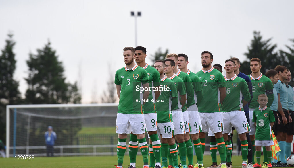 7 October 2016; Republic of Ireland players stand for the National Anthem before the UEFA U21 Championship Qualifier match between Republic of Ireland and Serbia at the RSC, Waterford. Photo by Matt Browne/Sportsfile