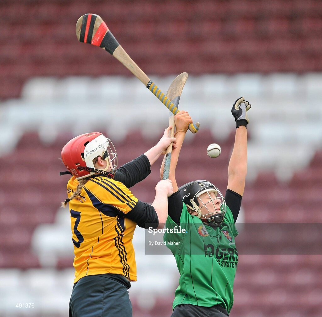 20 February 2011; Caitriona Regan, DCU, in action against Colette McSorley, Queens University Belfast. Purcell Cup Final, DCU v Queens University Belfast, Pearse Stadium, Salthill, Galway. Picture credit: David Maher / SPORTSFILE