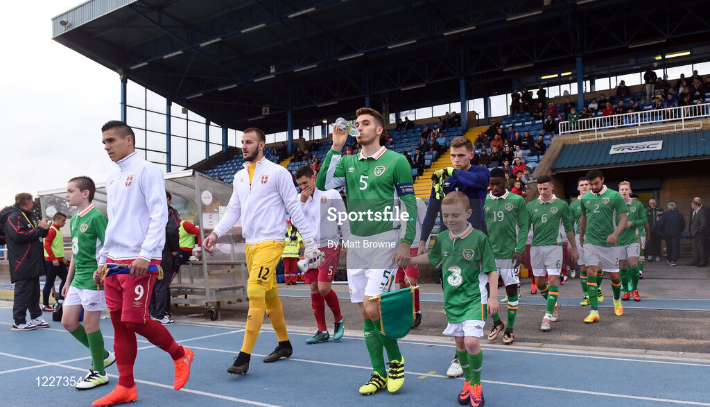 7 October 2016; Thomas Hoban Republic of Ireland team captain leads his team-mates out for the game against Serbia during the UEFA U21 Championship Qualifier match between Republic of Ireland and Serbia at the RSC, Waterford. Photo by Matt Browne/Sportsfile