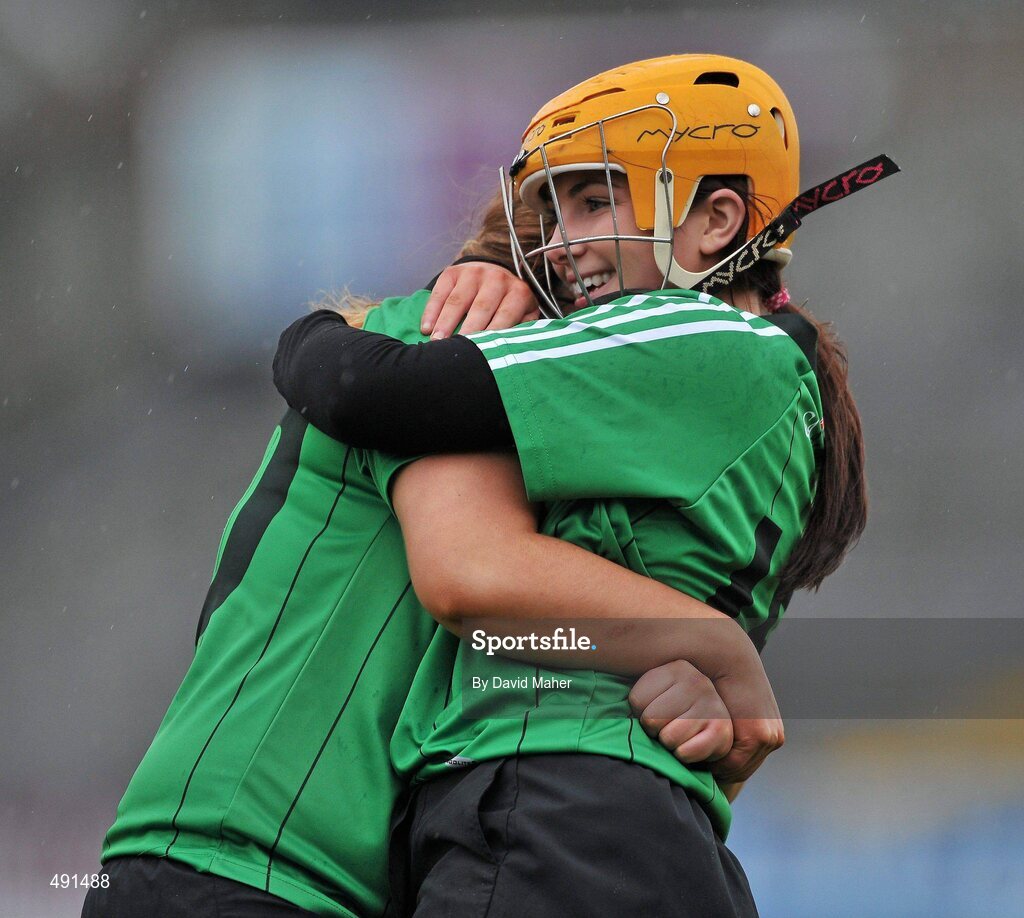 20 February 2011; Louise McAleese, right, Queens University Belfast, celebrates with her team-mate Orla  McGillan at the end of the game. Purcell Cup Final, DCU v Queens University Belfast, Pearse Stadium, Salthill, Galway. Picture credit: David Maher / SPORTSFILE