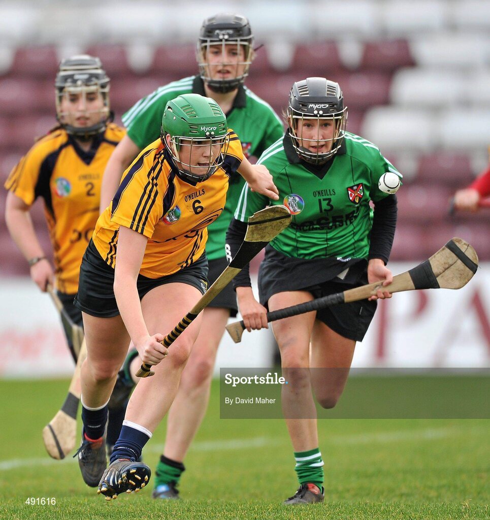 20 February 2011; Emma Brennan, DCU, in action against Sinead Cassidy, Queens University Belfast. Purcell Cup Final, DCU v Queens University Belfast, Pearse Stadium, Salthill, Galway. Picture credit: David Maher / SPORTSFILE