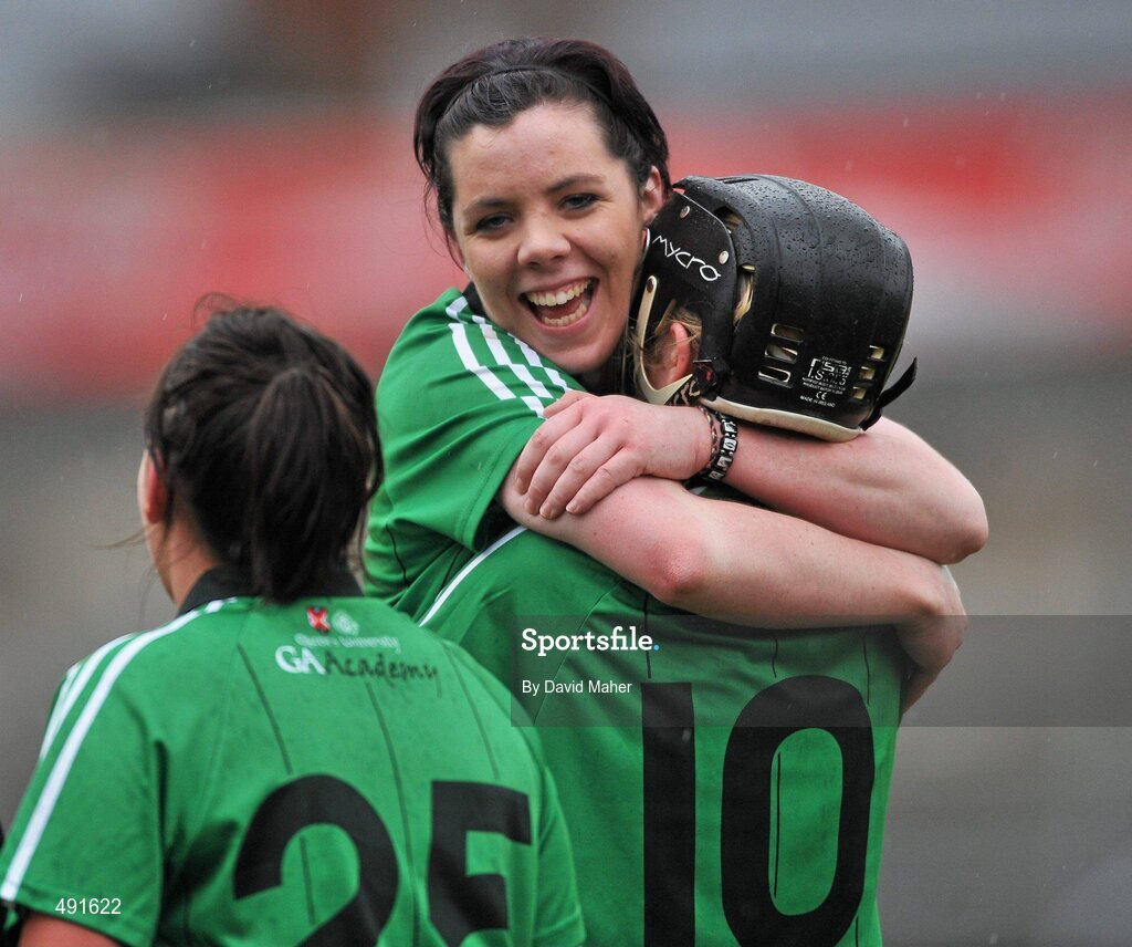 20 February 2011; Keelin Bradley, left, Queens University Belfast, celebrates with team-mate Eilish Ni Caiside after the game. Purcell Cup Final, DCU v Queens University Belfast, Pearse Stadium, Salthill, Galway. Picture credit: David Maher / SPORTSFILE