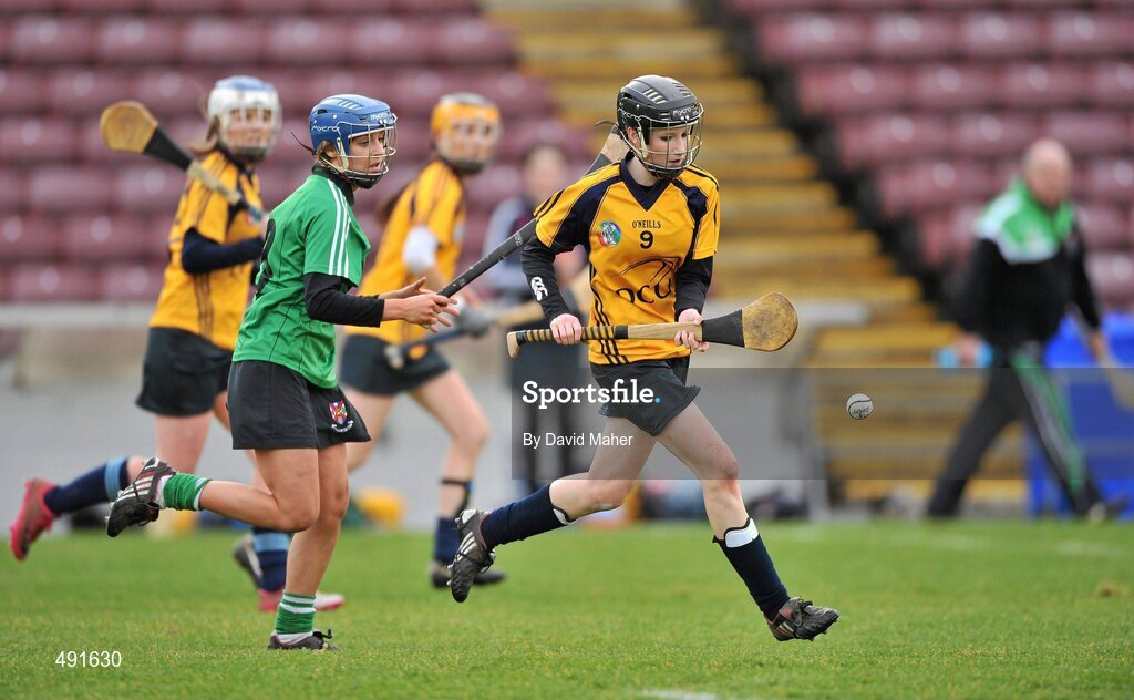 20 February 2011; Miriam Twomey, DCU, in action against Claire Laverty, Queens University Belfast. Purcell Cup Final, DCU v Queens University Belfast, Pearse Stadium, Salthill, Galway. Picture credit: David Maher / SPORTSFILE