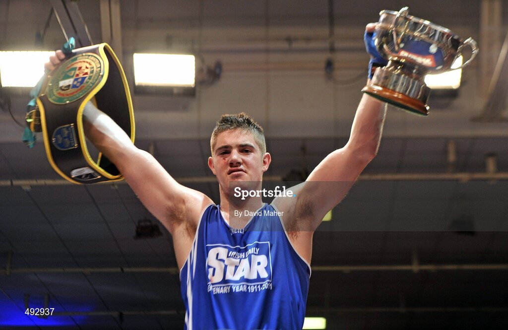 25 February 2011; Joe Ward, Moate Boxing Club, celebrates after winning his 75kg division bout against Kenneth Egan, Neiltowns Boxing Club. National Boxing Championship Finals, National Stadium, Dublin. Picture credit: David Maher / SPORTSFILE