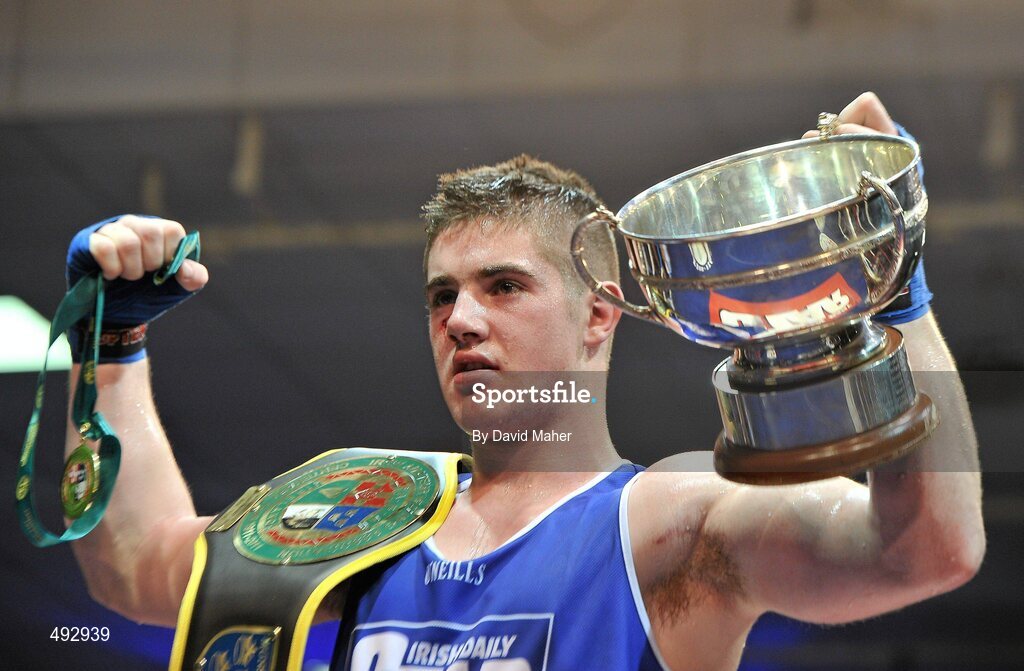 25 February 2011; Joe Ward, Moate Boxing Club, celebrates after winning his 75kg division bout against Kenneth Egan, Neiltowns Boxing Club. National Boxing Championship Finals, National Stadium, Dublin. Picture credit: David Maher / SPORTSFILE