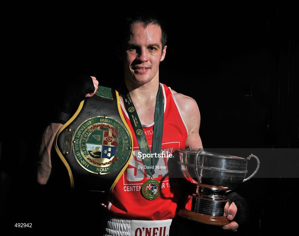 25 February 2011; Darren O'Neill, Paulstown Boxing Cub, after winning his 75kg division bout against Jason Quigley, Finn Valley Boxing Club. National Boxing Championship Finals, National Stadium, Dublin. Picture credit: David Maher / SPORTSFILE