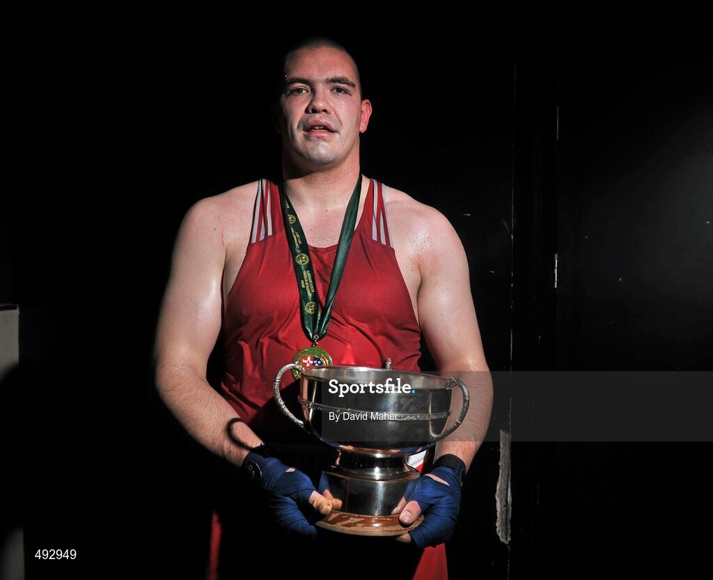 25 February 2011; Cathal McMonagle, Holy Trinity boxing club, winner of the 91kg division bout against Kenneth Okungbowa, Athlone boxing Club. National Boxing Championship Finals, National Stadium, Dublin. Picture credit: David Maher / SPORTSFILE