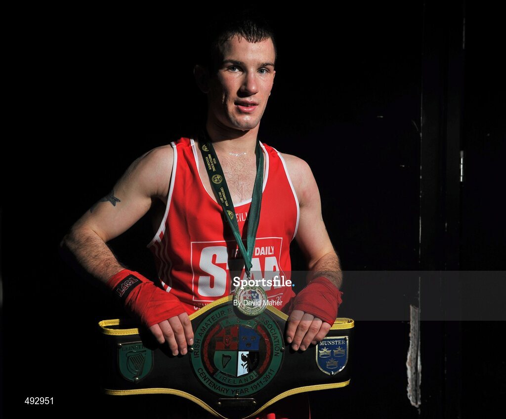 25 February 2011; John Joe Nevin, Cavan boxing club, winner of the 56kg division bout against Tyrone McCullagh, Holy Family boxing Club. National Boxing Championship Finals, National Stadium, Dublin. Picture credit: David Maher / SPORTSFILE