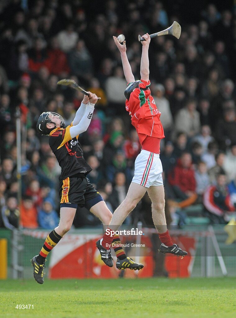 27 February 2011; Alan Dennehy, Charleville CBS, in action against Mark Ryan, Ardscoil Ris. Dr. Harty Cup Final, Ardscoil Ris v Charleville CBS, Gaelic Grounds, Limerick. Picture credit: Diarmuid Greene / SPORTSFILE