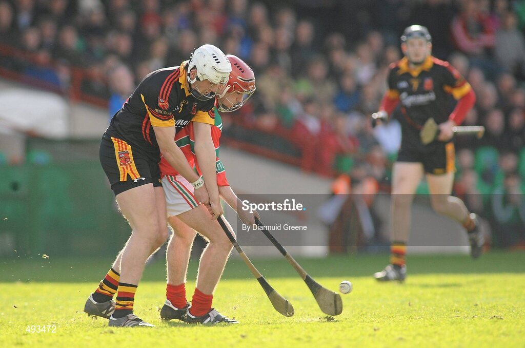 27 February 2011; James O'Brien, Charleville CBS, in action against Barry O'Connell, Ardscoil Ris. Dr. Harty Cup Final, Ardscoil Ris v Charleville CBS, Gaelic Grounds, Limerick. Picture credit: Diarmuid Greene / SPORTSFILE