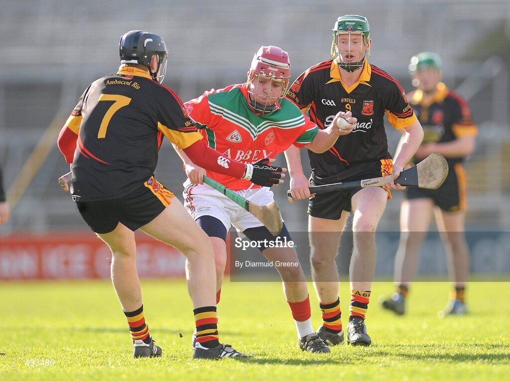 27 February 2011; Mark Kavangh, Charleville CBS, in action against Martin Moroney, left, and Jamie Shanahan, Ardscoil Ris. Dr. Harty Cup Final, Ardscoil Ris v Charleville CBS, Gaelic Grounds, Limerick. Picture credit: Diarmuid Greene / SPORTSFILE