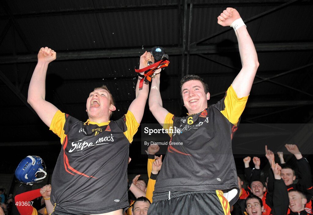 27 February 2011; Ardscoil Ris joint captains Shane Dowling, left, and Declan Hannon lift the cup after victory over Charleville CBS. Dr. Harty Cup Final, Ardscoil Ris v Charleville CBS, Gaelic Grounds, Limerick. Picture credit: Diarmuid Greene / SPORTSFILE
